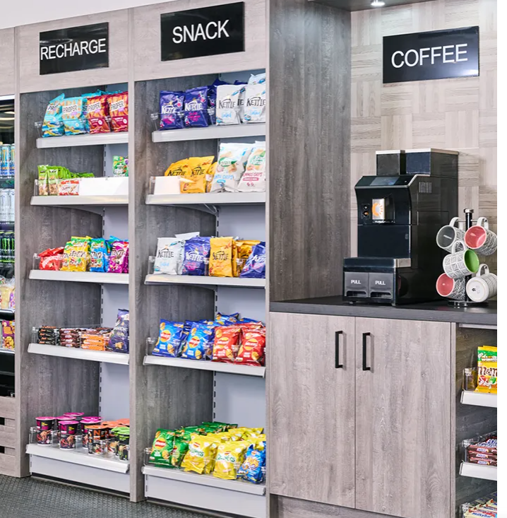 Micro market with coffee machine and snack shelves